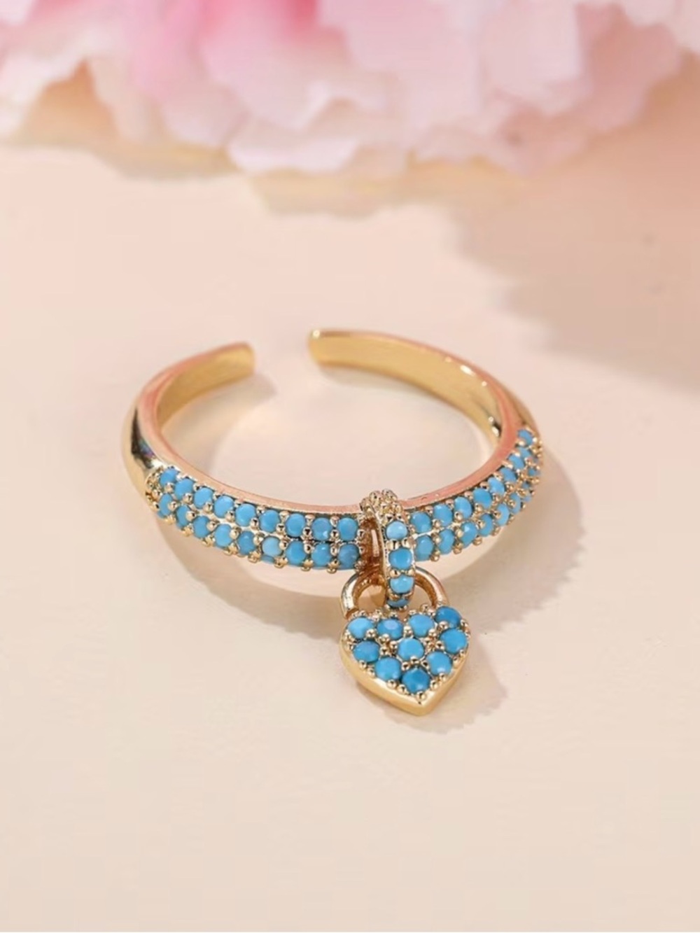Gold-Tone Turquoise Heart Charm Open Ring - Picture 4 of 5
